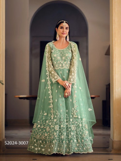 Mint Green Net Embroidered Party-Wear Floor-Length Salwar Kameez