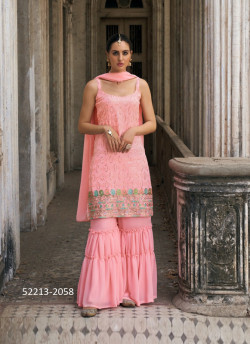 Pink Faux Georgette Sequins-Work Party-Wear Sharara-Bottom Salwar Kameez