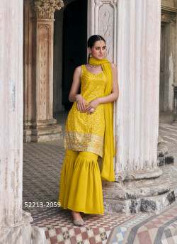 Yellow Faux Georgette Sequins-Work Party-Wear Sharara-Bottom Salwar Kameez