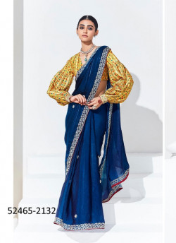 Blue Organza Digitally Printed Party-Wear Boutique-Style Saree