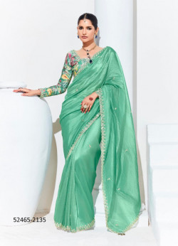 Aqua Green Organza Digitally Printed Party-Wear Boutique-Style Saree